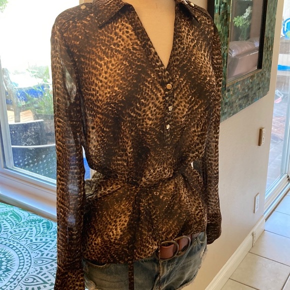 Leopard print button down tie waste low cut sexy long sleeve blouse - Picture 4 of 12